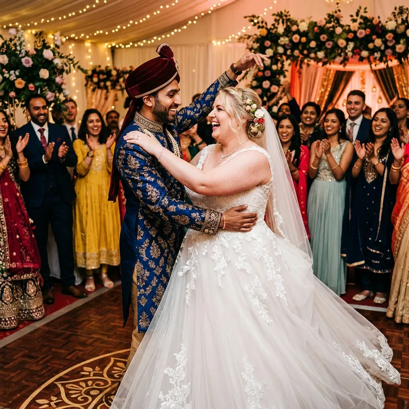 Joyful Wedding Dance of a Slim Groom and Plump Bride