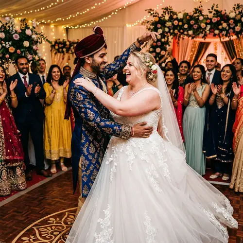 Joyful Wedding Dance of a Slim Groom and Plump Bride