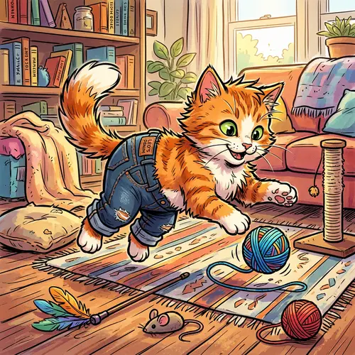Playful Cat in Denim Jeans Art | Vibrant Comic-Inspired Illustration
