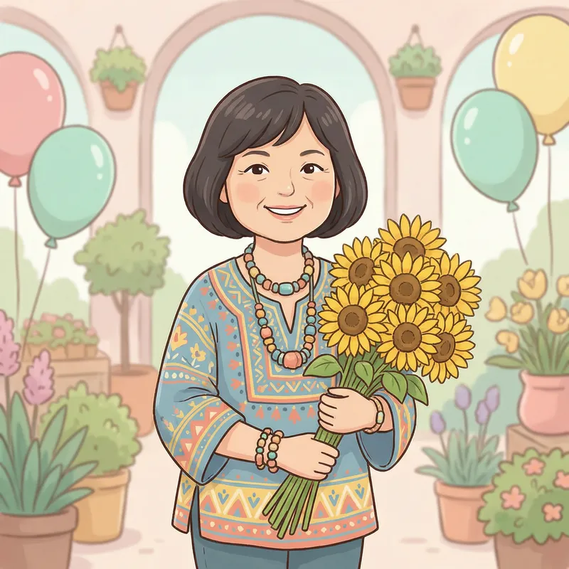 Uplifting Cartoon Art of Smiling Asian Woman with Sunflowers Uplifting Cartoon Art of Smiling Asian Woman with Sunflowers