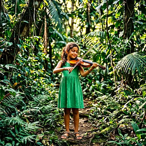 Young Middle-Eastern Girl Playing Violin in Lush Jungle