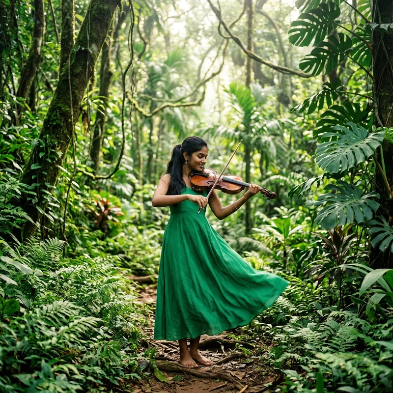 Serenading Jungle Girl in Green Dress - Magical Violinist