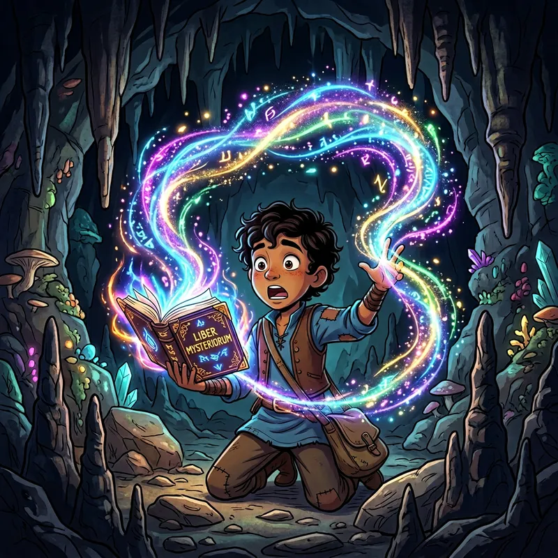 Boy Casting Magic in a Whimsical Cave Boy Casting Magic in a Whimsical Cave