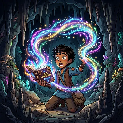 Boy Casting Magic in a Whimsical Cave