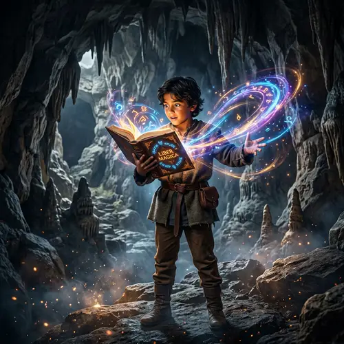 A Boy Casting Spells in a Mystical Cave