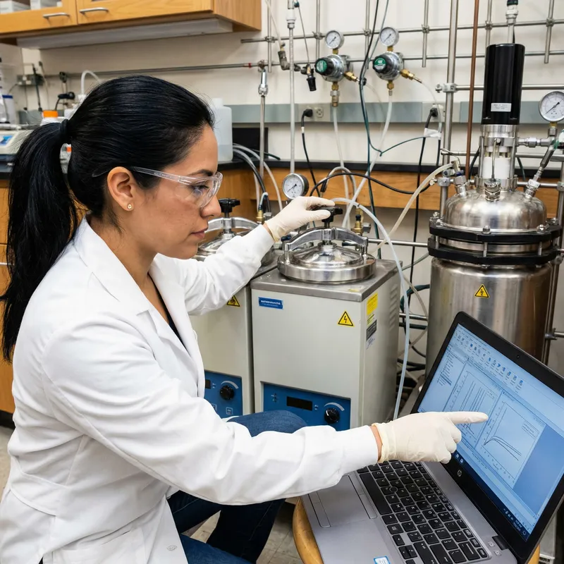 Determined Hispanic Female Chemical Engineer in Action
