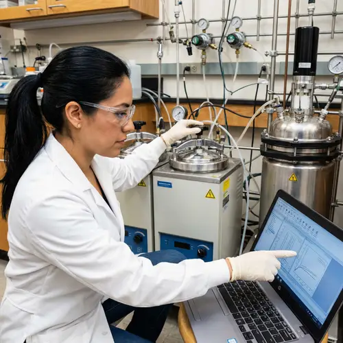 Determined Hispanic Female Chemical Engineer in Action