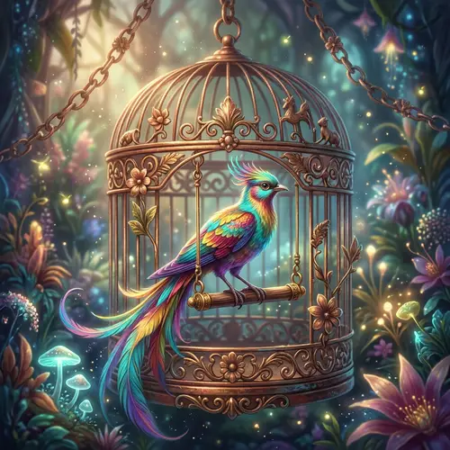 Exotic Bird in Vintage Birdcage | Surreal Fantasy Artistry