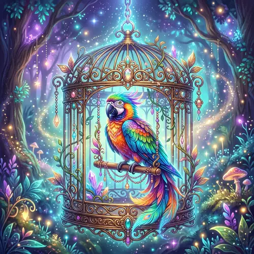 Colorful Exotic Bird in Vintage Birdcage - Fantasy Artwork