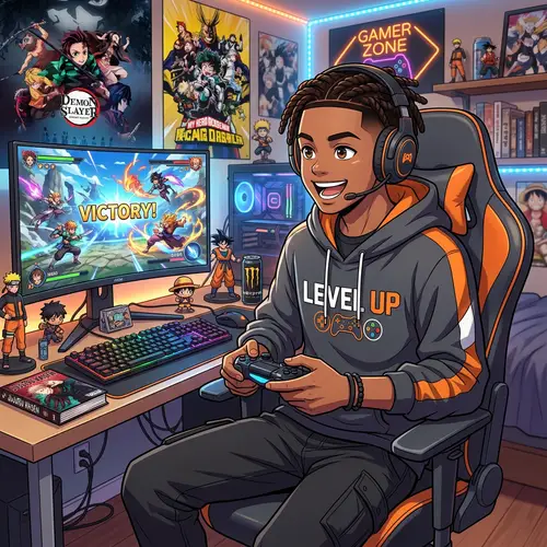 Anime Style Black Boy Playing Video Games in Casual Clothes