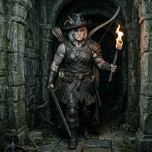 Fierce Goliath Woman Ranger in a Fantasy Dungeon