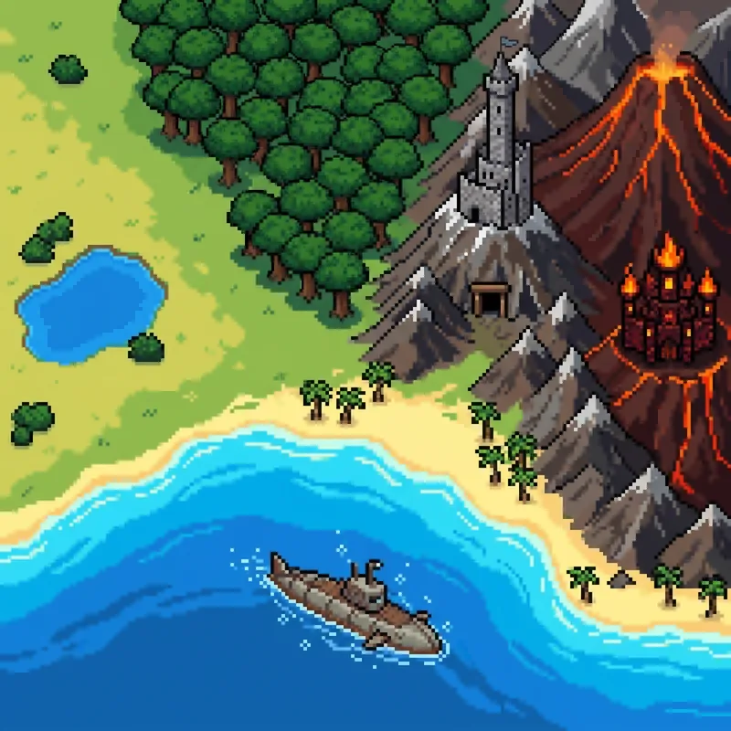 Pixel Art Landscape - Adventure Scene with Mountain Castle and Volcano Pixel Art Landscape - Adventure Scene with Mountain Castle and Volcano