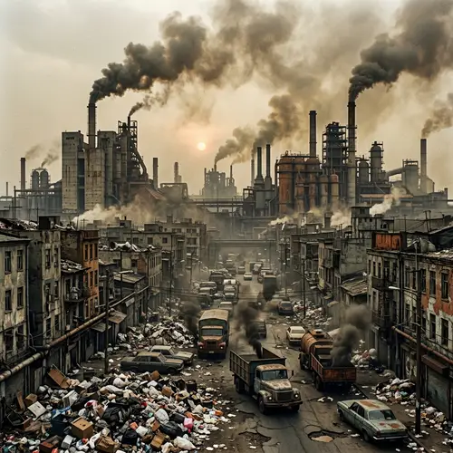 Dystopian Cityscape Polluted by Smoke and Waste - Environmental Chaos