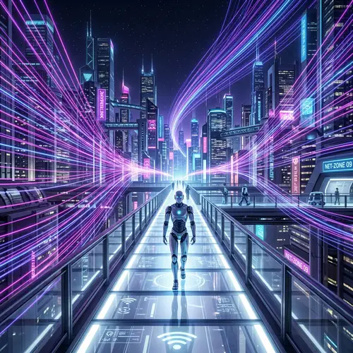 Futuristic Wifi Technology in Glowing Cityscape - High-Speed Data Transfer