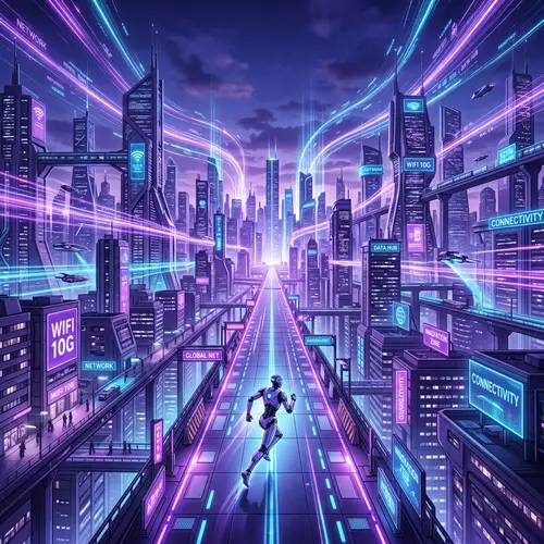 Futuristic WiFi Cityscape: Purple Hues & Data Flow