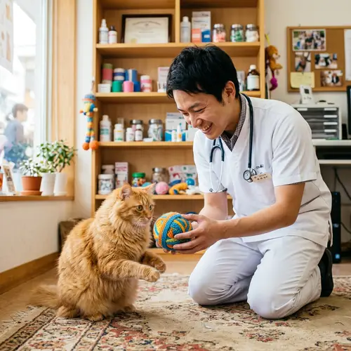 Playful Interaction: Cat Engaged with Vet