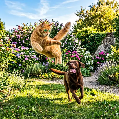 Whimsical Cat and Dog Playful Scene in Lush Garden