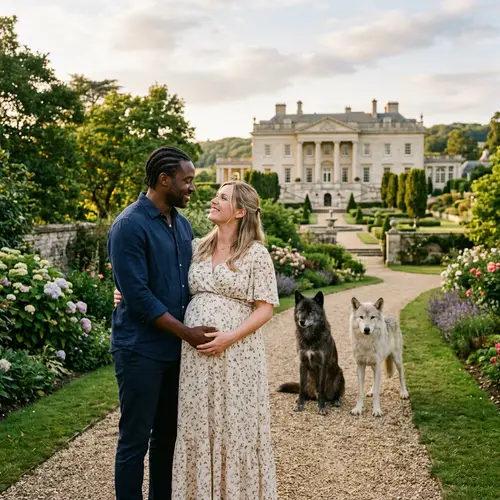 Romantic Pose of Man and Pregnant Woman with Wolves and Grand Mansion