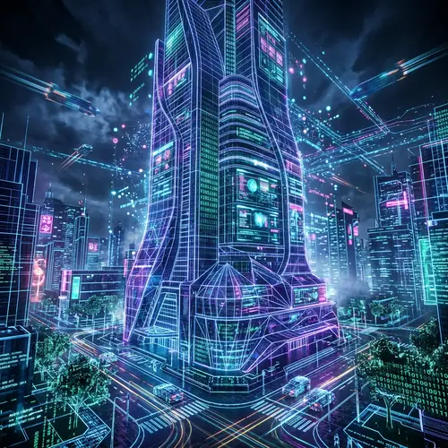 Futuristic Electronic Building with Glowing Grid and Digital Elements