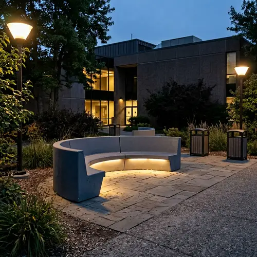Exterior Concrete Bench in Two Semicircles | Gray, Warm Lighting