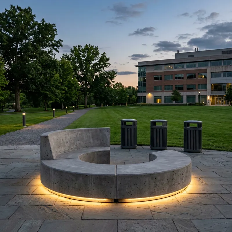 One-Piece Concrete Bench: Semicircle Design in Gray with Warm Illumination