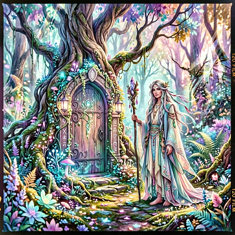 Enchanting Forest Scene with Hidden Doorway | Dreamy Pastel Colors