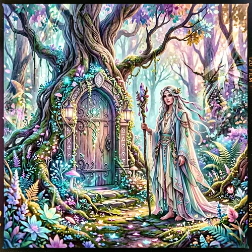 Mystical Forest Scene with Hidden Doorway | Dreamy Pastel Colors