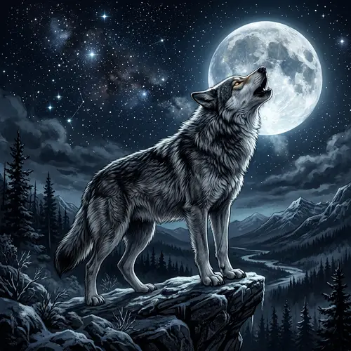 Majestic Lobo Under a Full Moon Illustration