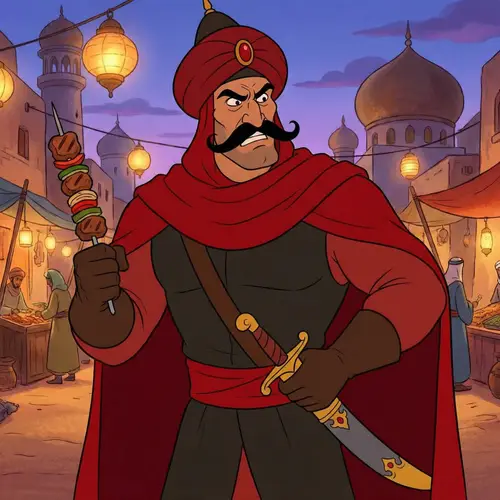 Arabian Cartoon Character with Kebab | Mustached Guard