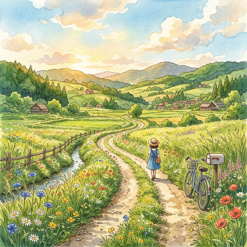 Charming Countryside Road in Studio Ghibli Style