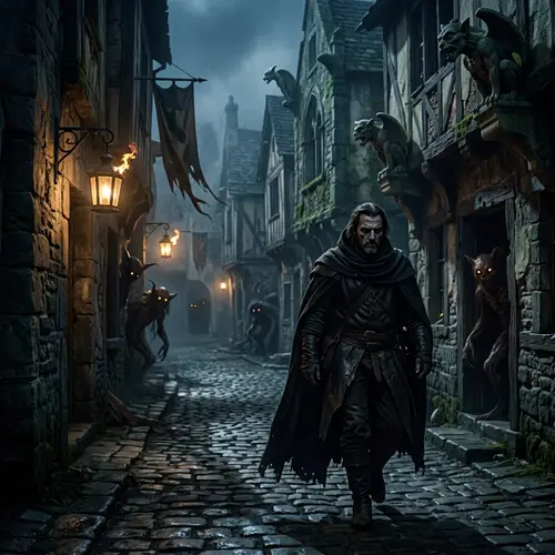 Dark Gothic Scene: Ominous Man & Otherworldly Entities in Archaic Town