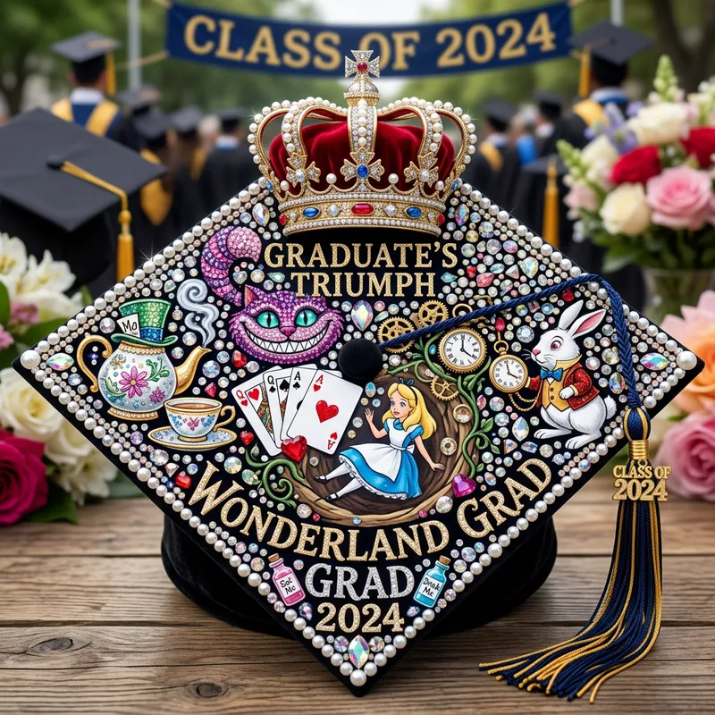 Alice in Wonderland Graduation Cap with Stones and Crown - Magical Decor