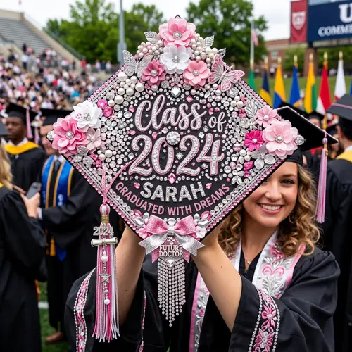 Extravagant Pink, Silver & White Decorated Graduation Cap