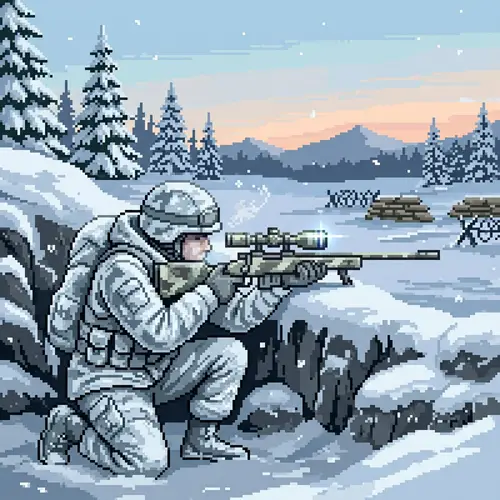 Pixel Art Armed Forces Sniper: Vigilant Observation in Snowy Terrain