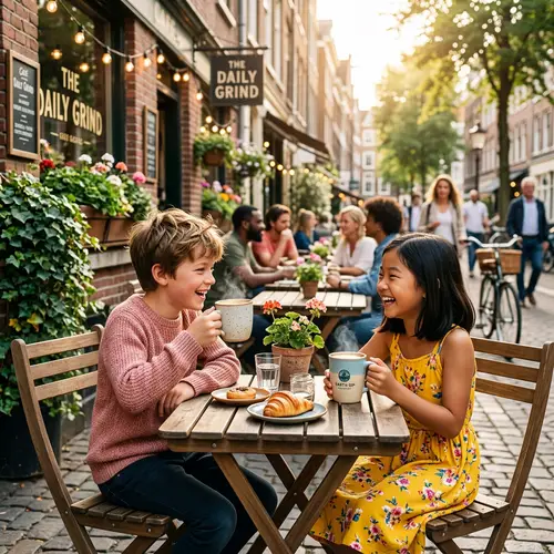 Café Scene: Boy and Girl Enjoying Coffee Outdoors