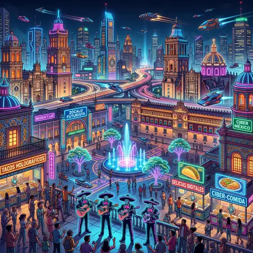 Futuristic Mexican Cityscape | Hi-Tech Skyscrapers & Robotic Mariachi Bands