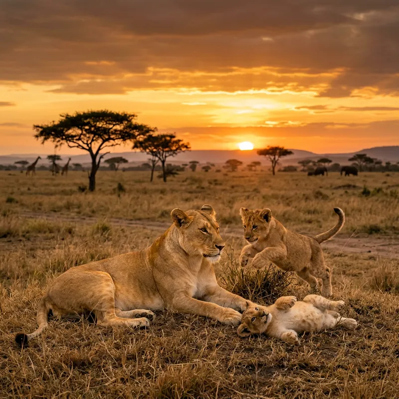 Serenity of Sunset: Lioness and Cubs in Serene Savannah