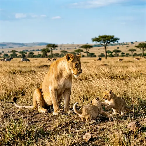 Majestic Lioness and Playful Cubs in African Savannah