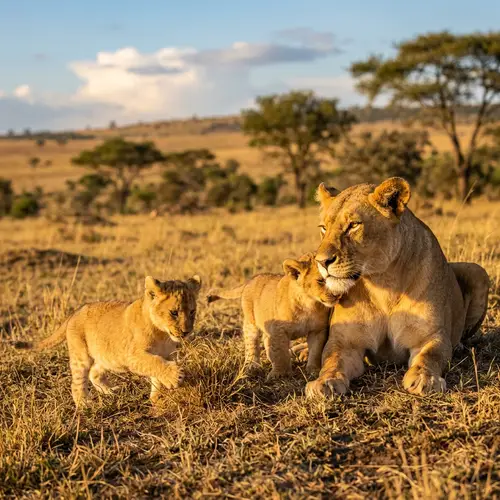 Majestic Mother Lion and Two Playful Lion Cubs in Savannah