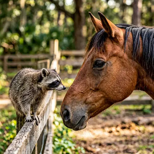 Raccoon Face-to-Face with Horse Encounter
