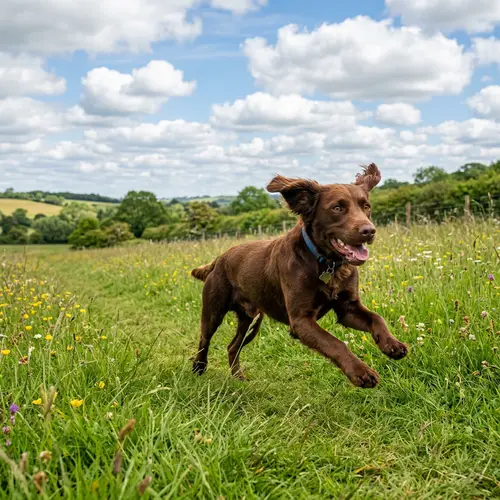 Energetic Dog Running in Lush Green Meadow