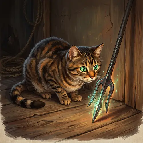Curious Tabby Cat Examining Fish Spear