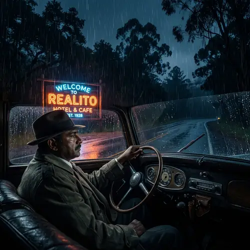 1930s California Private Detective on Lonely Highway | Realito Welcome Neon Sign