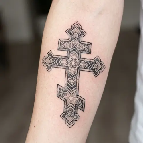 Intricate Slavic Cross Tattoo Design with Geometric Elements