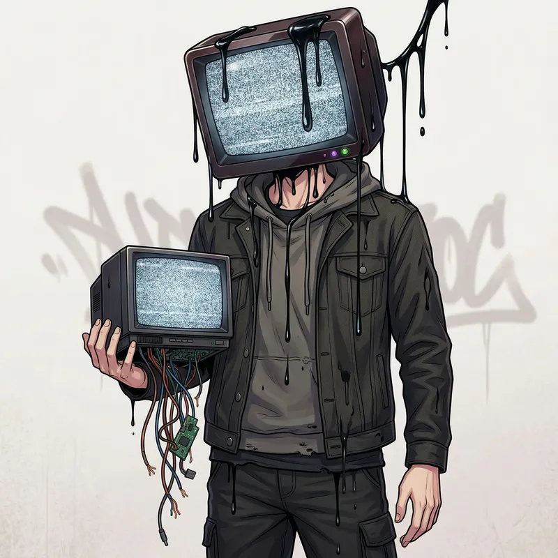 Unique Art: Man with TV Head and Dripping Goop