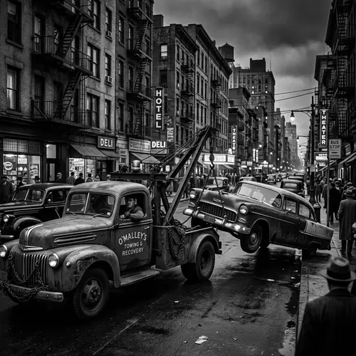 Vintage Tow Truck & Classic Car - City Noir Photography