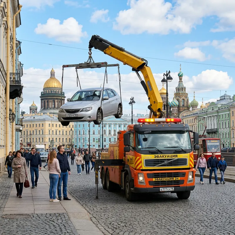 Tow Truck Towing Car in St. Petersburg City Skyline Tow Truck Towing Car in St. Petersburg City Skyline