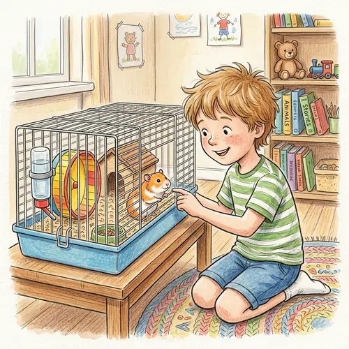 Child with Hamster in Cage Drawing