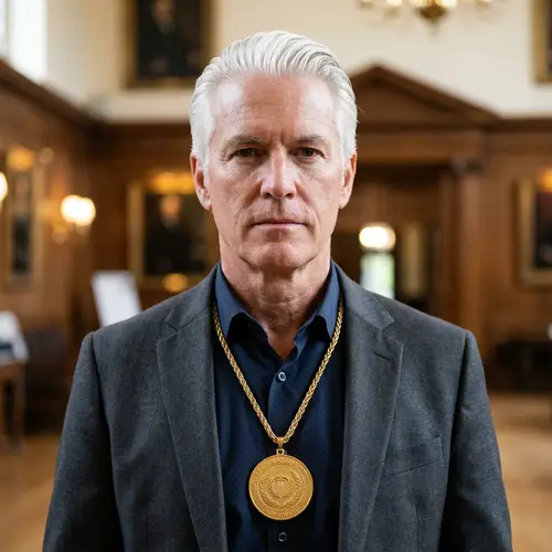 Middle-Aged Man with White Hair and Gold Necklace