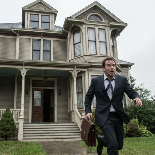 Frightened Man in Suit Escapes a House